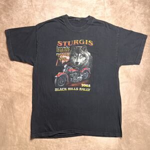 Vintage Y2K Sturgis Black Hills Rally Biker Wolf T-Shirt Black Short Sleeve 2003